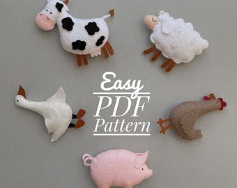 Conjunto de 5 padrões pdf, animais de estimação padrão pdf, animais de fazenda padrão digital pdf, padrão de costura animais de fazenda, brinquedos bordados de feltro