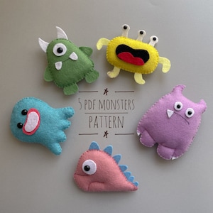 Fanny Felt Pattern monster Set de 5 patrones PDF fácil de seguir monstruo peluche Alien ornamento Patrón de fieltro móvil Descarga digital Monstruo lindo