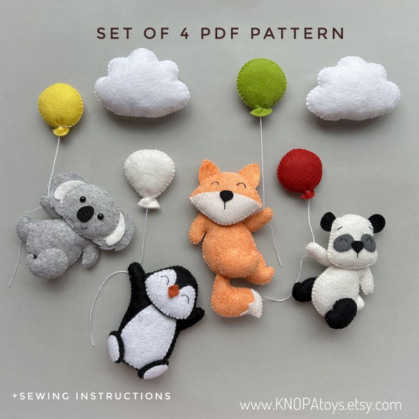 Set of 4 pdf plush pattern fox ornament baby mobile felt animals kawaii plush koala ornament panda plushie pattern penguin and balloons diy