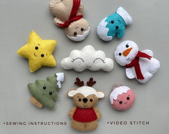 Conjunto de 8 pdf adorno navideño patrón de felpa fieltro tutorial de costura hecho a mano artesanías navideñas decoración muñeco de nieve adorno árbol ciervo pan de jengibre