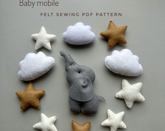 Baby mobile pdf pattern elephant baby ornament kawaii plush felt sewing pattern elephant decor nursery felt animals cute plushie pattern