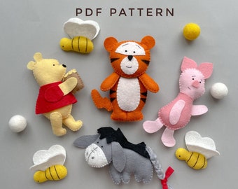 Winnie the Pooh felt Pattern, Set of 5 PDF plushie pattern, pooh bear and friends piglet Wallpapers bee Eeyore ass,Baby mobile pattern, DIY