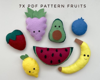 Set of 7 Fruits Pattern, Easy PDF sewing pattern, Play food Digital Download,Handmade gift for Kids,Play vegetables, Pretend food