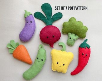 Set of 7 Vegetables Pattern, Easy PDF sewing pattern, Play food Digital Download,Handmade gift for Kids,Play vegetables, Pretend food