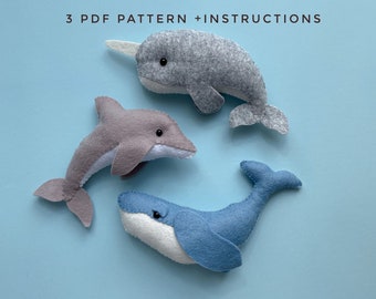 Set of 3 PDF pattern sea animals Ocean ornament Fish sewing pattern Under the sea creature Narwhal Dolphin Whale ornament DIY Baby mobile