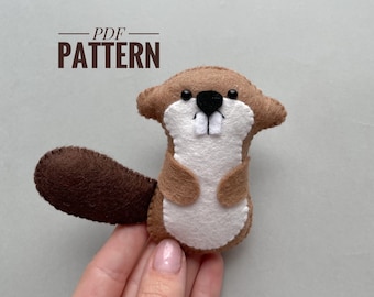 May include: A brown felt beaver with a white belly and black eyes. The beaver is holding a brown felt tail. The text "PDF PATTERN" is above the beaver.