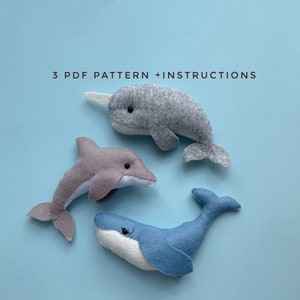 Set of 3 PDF pattern sea animals Ocean ornament Fish sewing pattern Under the sea creature Narwhal Dolphin Whale ornament DIY Baby mobile