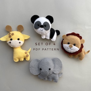 May include: A set of four felt animal patterns for sewing. The patterns include a giraffe, panda, lion, and elephant. The patterns are in PDF format.