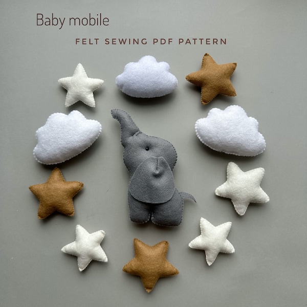 Modello mobile in pdf per bambini, elefante, ornamento per bambini, peluche kawaii, in feltro, modello per cucire, arredamento per bambini, in feltro, animali, simpatico modello in peluche