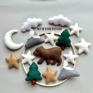Set of 6 pdf pattern Bear ornament felt woodland animals ornament kawaii plush pattern baby mobile bear plushie pattern seamless stuffed toy