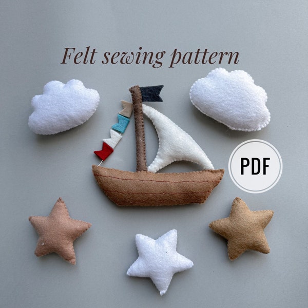 Set of 4 pdf felt sewing pattern pirate ship kawaii plush hand made boat ornament for boys baby shower idea pattern felt ship plushie