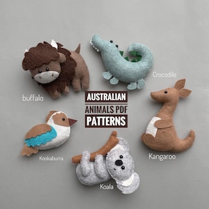 Set of 5 Australian animals PDF Pattern kangaroo kookaburra buffalo crocodile koala Digital Download Felt bird DIY Pattern Baby mobile toy