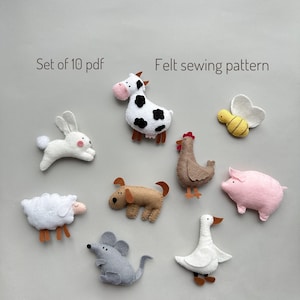 Set of 10 pdf felt sewing pattern cow ornament cute kawaii plush pattern dog and cat farm animals ornament pet farm nursery decor