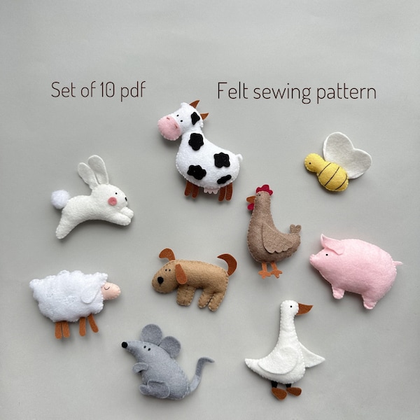 Set van 10 pdf vilt naaipatroon koe ornament schattig kawaii pluche patroon hond en kat boerderijdieren ornament dierenboerderij kinderdagverblijf decor