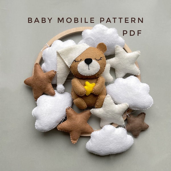 Bear ornament Baby mobile PDF pattern felt ornament crib nursery mobile neutral make your own baby mobile bear plush DIY felt garland