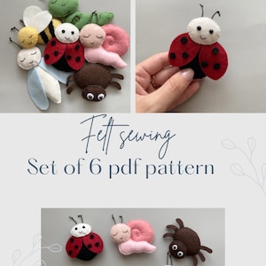Puede incluir: Conjunto de seis patrones de costura de fieltro para hacer lindos insectos, incluyendo una mariquita, una abeja, una mariposa, una oruga, un caracol y una araña. Los patrones están disponibles para descargar en PDF.