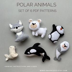Ensemble de 6 modèles pdf Animaux polaires feutre couture ours peluche motif renard arctique ornement pingouin peluche fait à la main drôle ornement feutre pépinière