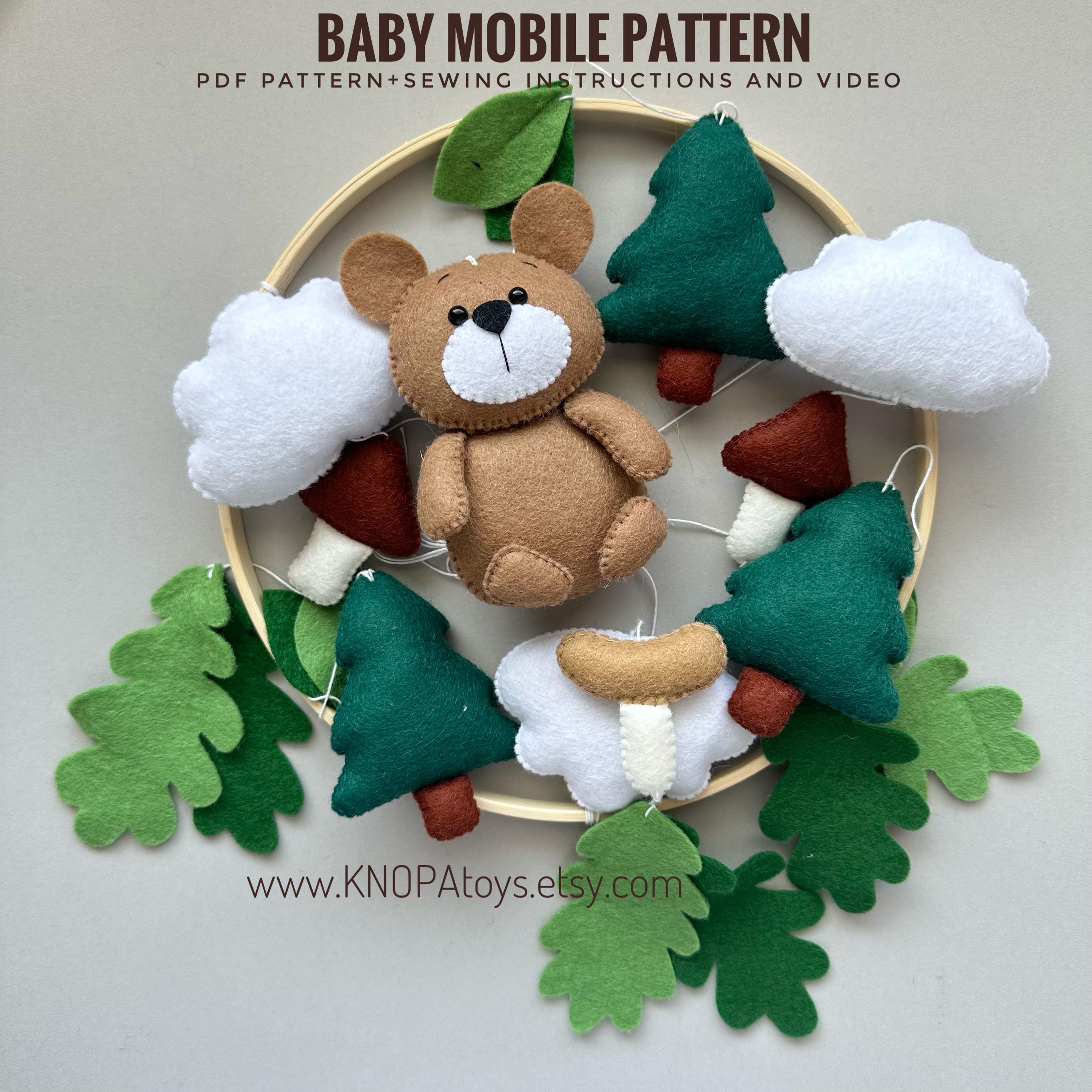 Woodland bear baby mobile pdf pattern DIY crib mobile handmade baby shower gift funny ornaments felt animals cute bear plush felt mushrooms