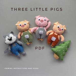 Può includere: Modello di giocattolo in feltro per tre maialini, un lupo e un albero di Natale. Il modello include istruzioni di cucito e un video. Il modello PDF è disponibile per il download.