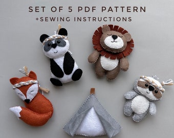 Set of 5 pdf felt animals indian decor DIY nursery kawaii plush pattern fox ornament panda baby mobile pattern American Indian animals plush