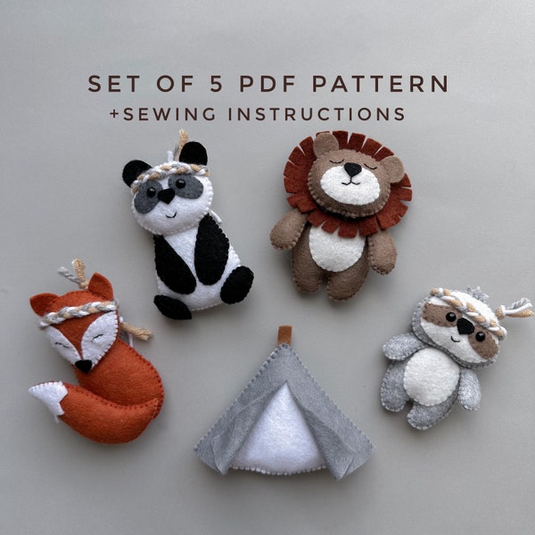 Conjunto de 5 pdf animais de feltro decoração indiana diy berçário kawaii padrão de pelúcia raposa ornamento panda bebê padrão móvel animais indianos americanos pelúcia