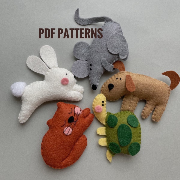 Set of 5 PDF patterns of felt DIY sewing pattern Dog,Cat,Mouse,Turtle,Rabbit, Finger puppet Digital Download Easy felt pet pattern