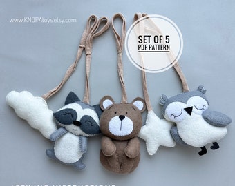 Set of 5 pdf pattern felt sewing woodland animals ornament bear plush raccoon ornament baby mobile pattern owl plush handmade gift idea cute