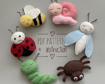 Insects felt pattern Set of 6 PDF plushie pattern butterfly ornament felt garland insect embroidery jumping spider bee plush ladybug felt