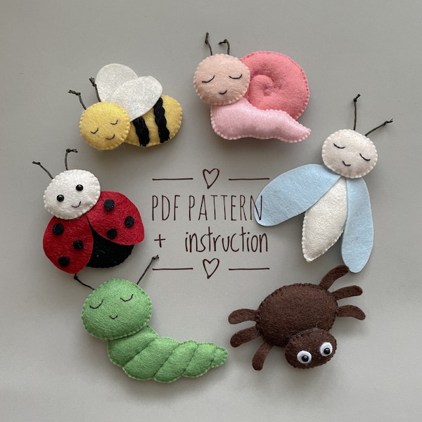 Insects felt pattern Set of 6 PDF plushie pattern butterfly ornament felt garland insect embroidery jumping spider bee plush ladybug felt