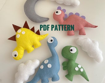 Set of 6 PDF Patterns Dinosaur pattern Cloud and Moon Baby mobile pattern Felt Dinosaur neutral Colorful pattern Jurassic Digital download