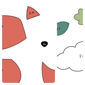 May include: A digital printable pattern for a fox, a cloud, and a leaf. The pattern includes instructions for cutting out the shapes and assembling them. The pattern is labeled with the number of pieces needed for each shape.