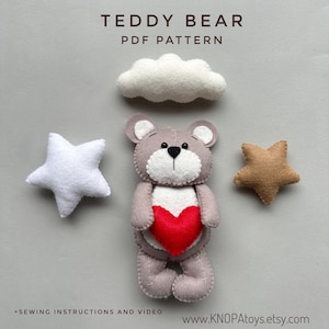 Teddy bear plush pattern bear ornament felt animals pdf pattern Valentine's Day handmade gift woodland animals funny ornament toy tutorial