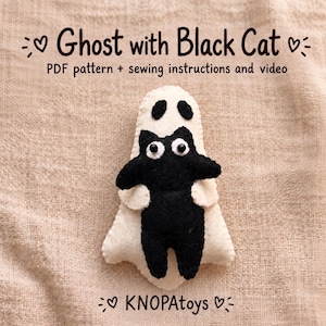 Mönster för sömnad av filt med spöke och svart katt, handledning för Halloween-plyschleksak, kuslig dekoration, roliga ornament, PDF-nedladdning