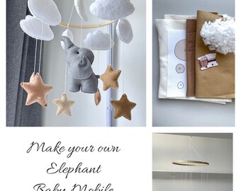 Make your own baby mobile craft kit diy felt sewing Elephant nursery decor do it yourself baby shower gift newborn nursery handmade plush