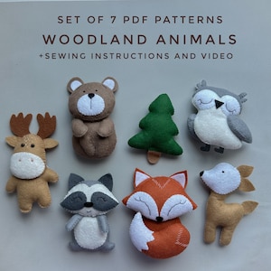 May include: Set of 7 PDF patterns for woodland animal felt toys, including a bear, owl, deer, fox, raccoon, reindeer, and a pine tree. Sewing instructions and video are included.