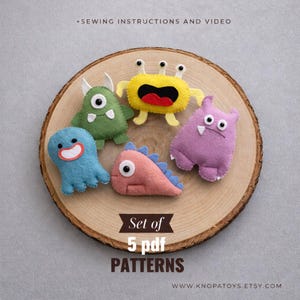 Set of 5 pdf Plush Sewing Monsters Pattern Fanny Felt Soft Stuffed Creatures Handmade plush Alien ornament Cute Halloween kawaii Plushie