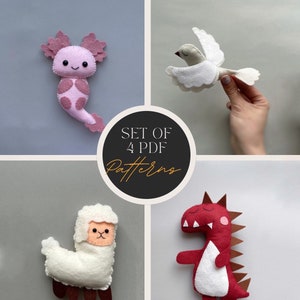 Set of 4 pdf pattern felt animals ornament plush pattern axolotl Dino plushie bird ornament alpaca pattern handmade gift baby nursery decor