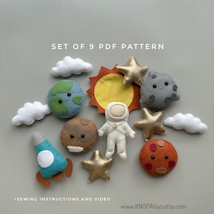 Set of 9 pdf felt pattern space ornament kawaii plush astronaut solar system moon cute plushie baby mobile pattern earth ornament funny toys