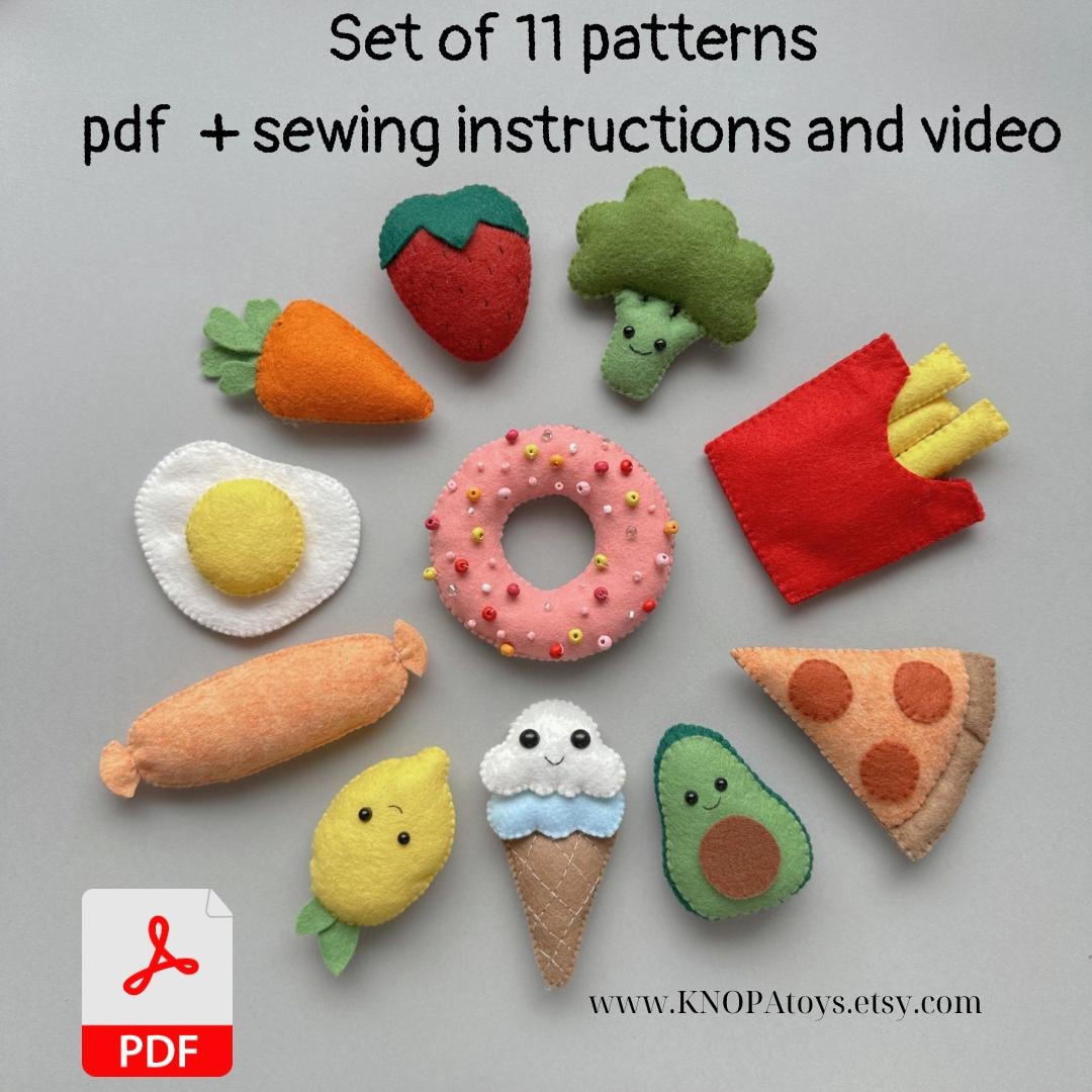 Set of 11 Felt Food Pattern Pdf Vegetables PDF Sewing Potato, Play Food