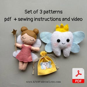 Set of 3 pdf pattern tooth fairy ornament felt sewing cute plushie pattern handmade baby tooth bag doll plush pattern gift idea funny toy