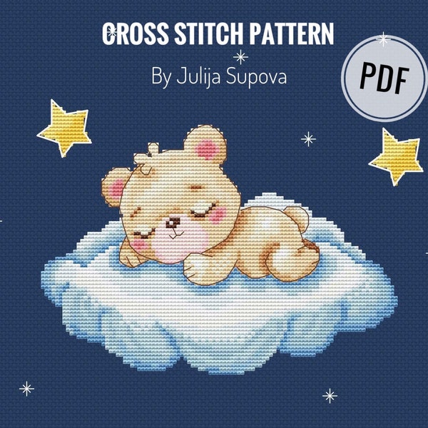 Cross stitch pdf pattern bear cloud ornament modern and unique hand embroidery design dinosaur baby nursery decor easy modern cross pattern