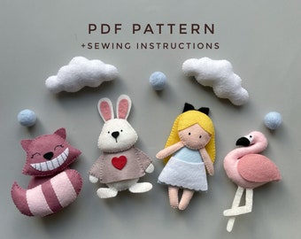 Alice in wonderland PDF pattern felt ornament bunny kawaii plush pattern Cheshire cat plushie DIY baby mobile felt pattern mobile nursery