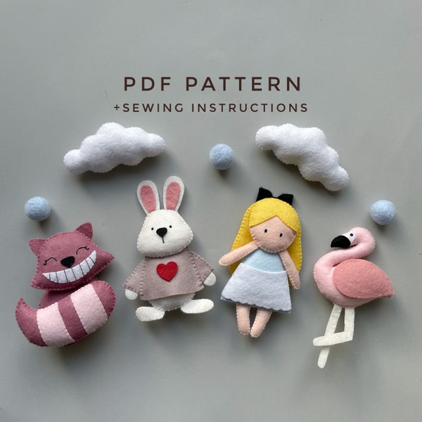 Alice in wonderland PDF pattern felt ornament bunny kawaii plush pattern Cheshire cat plushie DIY baby mobile felt pattern mobile nursery