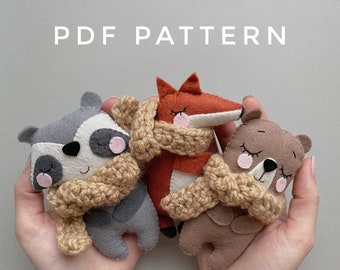 Set of 3 PDF Pattern, Sewing felt toy, PDF Digital Download, pattern woodland animals, raccoon fox bear pattern, woodland nursery decor