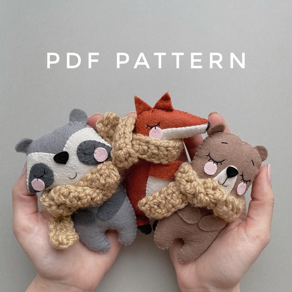 Set of 3 PDF Pattern, Sewing felt toy, PDF Digital Download, pattern woodland animals, raccoon fox bear pattern, woodland nursery decor