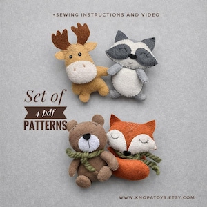 Conjunto de 4 patrones en PDF de animales del bosque: Patrón de empuje, Adorno de zorro, Oso, Peluche de mapache, Divertido alce, Lindo juguete DIY, Patrón de móvil para guardería de bebé