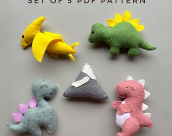 Set of 5 dinosaur plush pattern felt sewing pdf pattern Dino ornament baby mobile pattern T. rex felt garland tutorial handmade plush toy