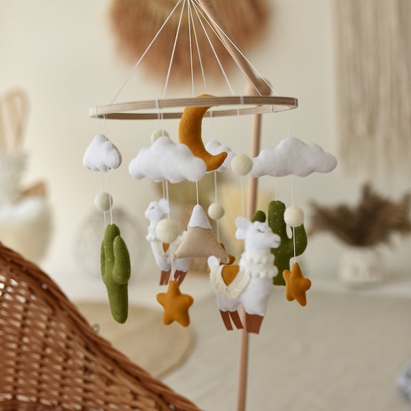 Llama baby crib mobile nursery decor mobile neutral llama ornament baby shower gift baby boy pom pom mobile alpaca nursery decor neutral