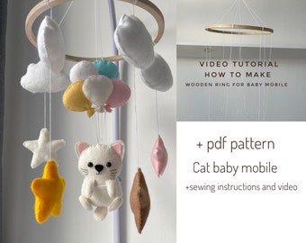 Video-tutorial en PDF-patroon vilt kattenwieg mobiel pluche patroon DIY baby mobiel kinderkamer decor vilt naaien handgemaakt cadeau babyshower