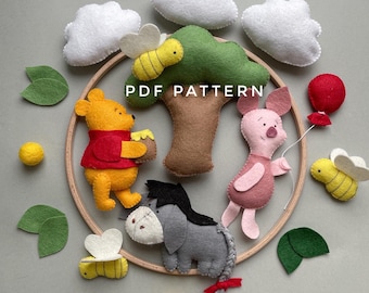 Padrão de feltro do Ursinho Pooh, conjunto de 5 padrões de pelúcia em PDF, urso Pooh e amigos leitão Papéis de parede abelha Bisonho bunda, padrão móvel de bebê,